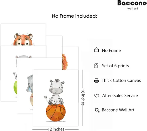 Miniatura 2 de Arte de pared para bebé niño, decoración deportiva para guardería, lienzo de animales de safari, arte de pared de bosque para habitación de bebé