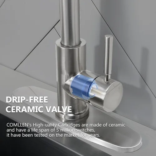 Miniatura 5 de Comllen Grifo de cocina con rociador extraíble, grifos de cocina de acero inoxidable de níquel cepillado, grifo comercial de arco alto de una sola