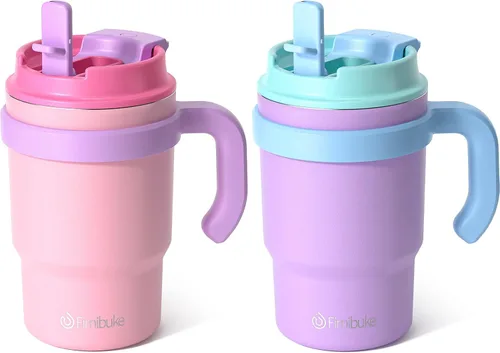 Fimibuke Vaso Aislante para Niños de 16oz con Asa y Pajitas - Paquete de 2 SIN BPA Acero Inoxidable 18/8 Vasos para Niños Pequeños con Tapas 2 en 1