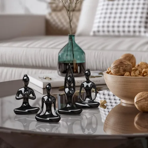 Miniatura 4 de OwMell Lote de 4 Figuras de Cerámica para Meditación y Yoga, Pose de Yoga, Figura Decorativa de Conjunto - Negro