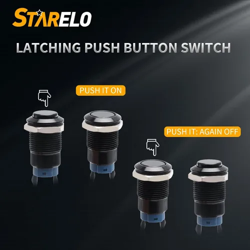 Miniatura 4 de STARELO 5 piezas 12 mm Interruptor de botón de cierre con carcasa negra y pre-cableado, interruptor de botón de presión impermeable IP65, aleación