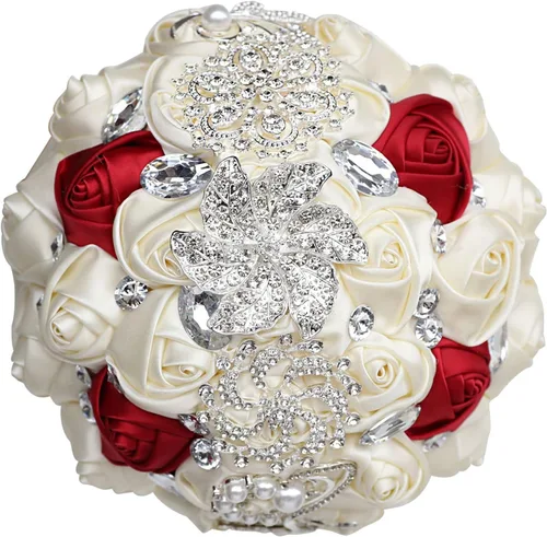 Miniatura 12 de XINNI Ramo de boda nupcial hecho a mano novia dama de honor satén rosa ramo de flores con diamantes de imitación perla encaje decoración de boda