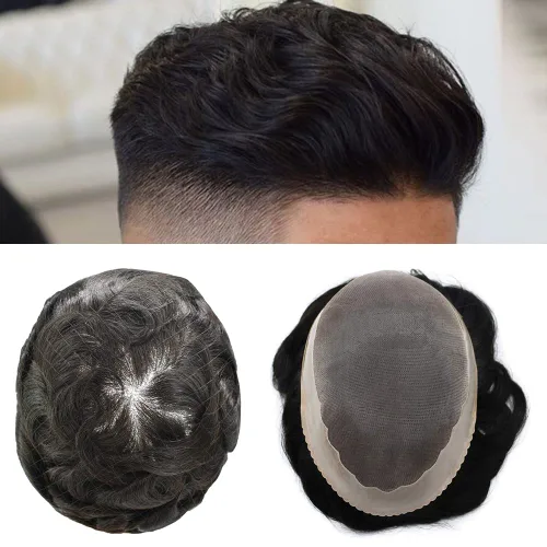 Toupee For Men Real Human Hair Fine Mono Hair Piece For Men Poly Mens Toupee Hair Replacement System For Men Hair Pieces Protesis Capilar Para 1#