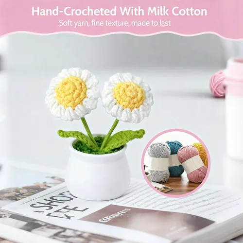 Miniatura 3 de Juego de 3 macetas de ganchillo con margarita rosa y Forget Me Not Small Potted Flowers Crochet Regalo para mamá, esposa, Día de la Madre