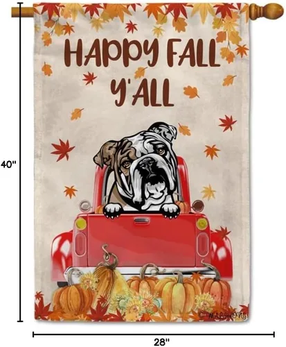 Miniatura 8 de Bandera con texto en inglés «Happy Fall Y'all» con diseño de perro inteligente con calabaza en camión rojo y hojas de arce, pancarta de otoño