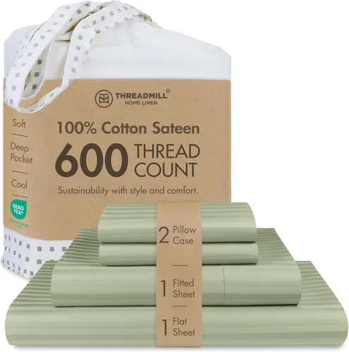 Miniatura 37 de Threadmill Sábanas de Algodón 100% para Cama Tamaño Queen - Juego de Sábanas Queen de 600 Hilos con Bolsillo Profundo de 16" - Juego de Ropa de Cama
