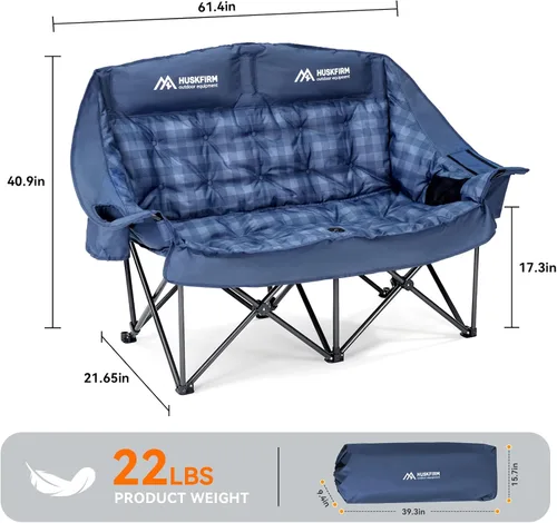Miniatura 3 de Huskfirm Silla de campamento doble acolchada con respaldo alto para 2 personas, silla de campamento de gran tamaño, soporte de sofá biplaza de Azul