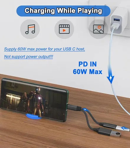 Miniatura 2 de AKWOR Adaptador USB C a USB OTG, divisor USB C 2 en 1 con puerto de carga PD de 60 W y puerto USB 3.0 hembra compatible con iPhone 15 Pro, MacBook