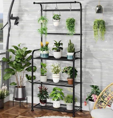 Miniatura 2 de Ekisemio Soportes para plantas al aire libre con ganchos, estantes altos de metal para plantas de interior para macetas colgantes, color negro