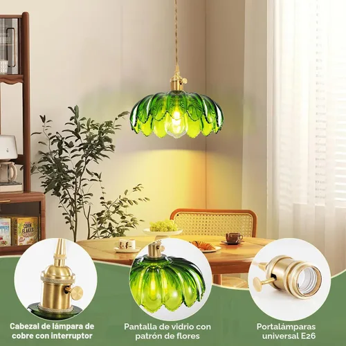 Miniatura 3 de Lámpara colgante enchufable, luces colgantes con cable enchufable, lámpara colgante con vidrio verde, iluminación colgante E26 para isla de cocina