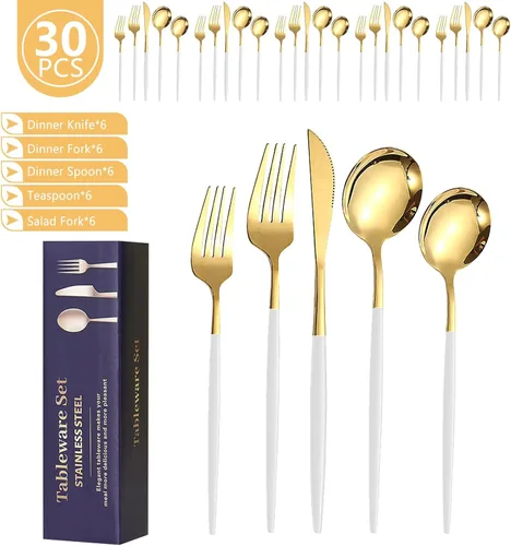 Miniatura 6 de Kawlity Cubiertos de acero inoxidable duraderos de color blanco y dorado, cuchillos pulidos, cuchara, tenedores, 30 piezas, vajilla de cena