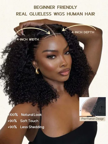 Miniatura 8 de YIROO Peluca de cabello humano rizado profundo, sin pegamento, con mezcla de fibra, cierre de encaje 4x4, densidad del 180 %, predepilada, afro