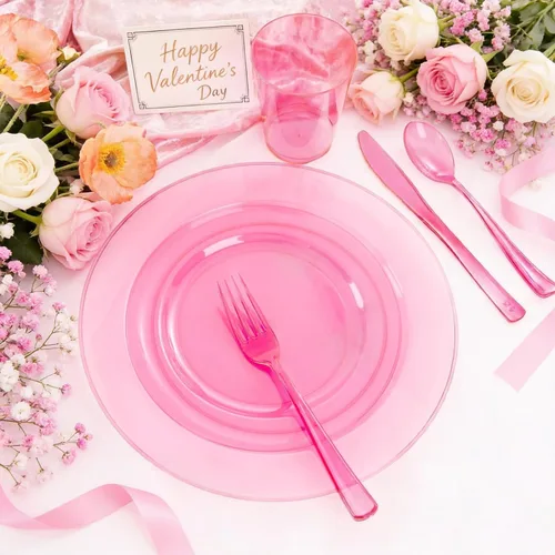 Miniatura 6 de WDF 25 platos de color rosa para invitados con cubiertos de plástico rosa y vasos rosados. La vajilla desechable transparente neón incluye 50