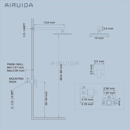 Miniatura 6 de Airuida Juego de grifo de ducha para baño, sistema de ducha de lluvia de acero inoxidable SUS304, mango único con roscas macho, válvula de Níquel