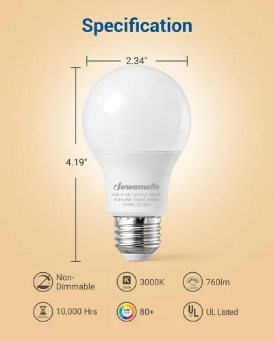 Miniatura 6 de DEWENWILS Paquete de 8 Bombillas LED A19, 760LM, Bombillas de Luz Cálida de 3000K, Bombilla LED E26 de Ahorro de Energía de 60 Vatios, Bombilla No