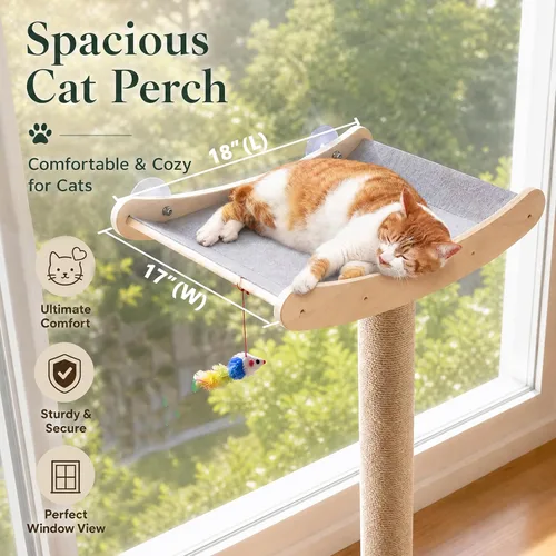 Miniatura 3 de Percha para gatos de ventana con postes rascadores, cama de árbol de madera de 46 pulgadas para gatos grandes Maine Coon para posarse y descansar