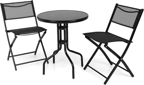 Miniatura 11 de S AFSTAR Juego de muebles de comedor de 3 piezas, mesa redonda de vidrio texturizado con agujero para paraguas, juego de conversación al aire libre