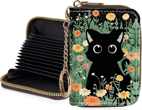 Miniatura 16 de Tarjetero de crédito para mujer, pequeña cartera RFID con cierre de llavero, bonita cartera de piel sintética, Huellas de patas en blanco y negro