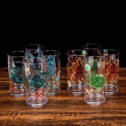 Miniatura 5 de KX-WARE Sea Ocean Life Vaso de plástico de 20 onzas, juego de vasos de vidrio para bebidas mixtas, juego de 4 multicolor