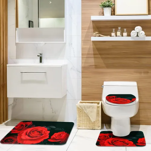 Miniatura 8 de Juego de alfombras y tapetes de baño, juego de 3 piezas de alfombra de baño, alfombra de baño de flores, ultra suave, absorbente, peluda, gruesa