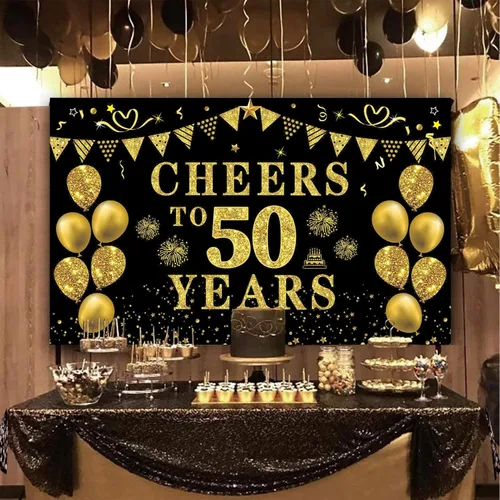 Miniatura 4 de Trgowaul Decoraciones de cumpleaños número 50/aniversario/boda para mujeres y hombres, pancarta de felicitación a los 50 años, fondo negro y dorado