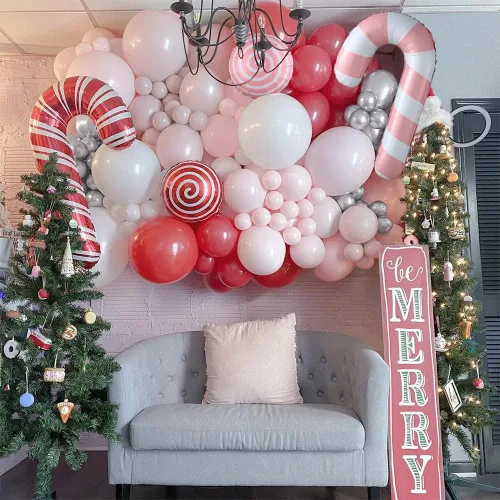 Miniatura 3 de Kit de arco de guirnalda de globos de Navidad de 140 unidades, globos de bastón de caramelo rojo y rosa, globo de aluminio de piruleta dulce