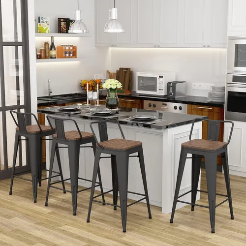 Miniatura 4 de Taburetes de bar de metal con respaldo, juego de 4 taburetes de altura de encimera de cocina con asiento de madera de 24 pulgadas, negro mate