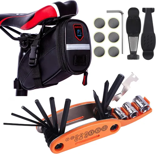YBEKI Kit de reparación de bicicleta 10 en 1 con palancas de neumáticos 3 en 1, parches sin pegamento, llave de hueso multifuncional y bolsa de Kits