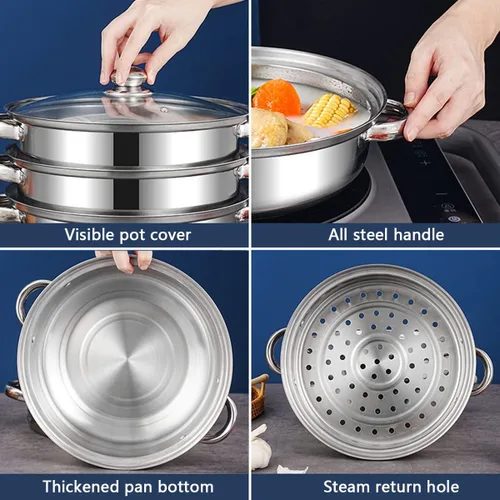 Miniatura 3 de Olla de vapor para cocinar olla de vapor de 3.0 cuartos de galón con tapa, utensilios de cocina multiusos de acero inoxidable de 2 niveles con asa