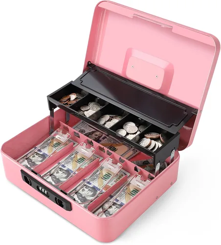 Miniatura 13 de Jssmst Caja grande de metal con cerradura con bandeja de dinero, caja de dinero con cerradura de combinación, color negro Cerradura de combinación