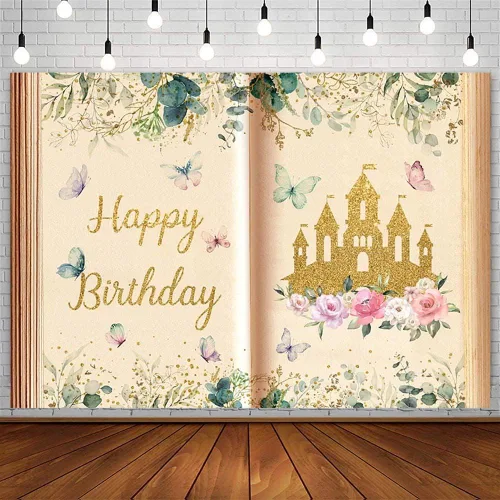 Miniatura 8 de AIBIIN Libros de cuentos de hadas de 7 x 5 pies, telón de fondo de feliz cumpleaños para niña, libro de apertura antigua, Once Upon a Time, castillo