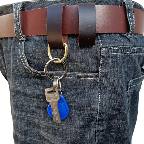 Miniatura 15 de Paquete de 2 protectores de cinturón de cuero + 1 llavero con hebillas de latón macizo, protectores de cinturón de cuero para hombres y mujeres