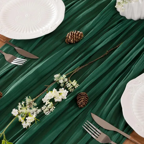 Miniatura 5 de LINXTAR Camino de mesa de gasa verde esmeralda de 160 pulgadas, 14 pies, gasa de verano, bohemio, camino de mesa para boda, fiesta de té, baby