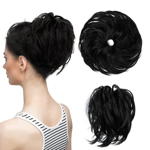 Miniatura 41 de CJL HAIR - Extensión de cabello tipo coletero de chongo desordenado, rizado, sintético, con colas rectas, scrunchies para peinados de moño