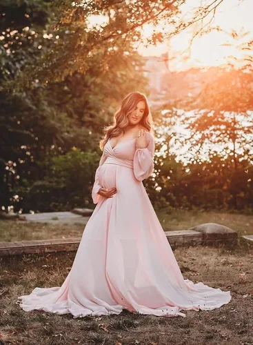 Miniatura 4 de Fivsole Vestido de maternidad de manga larga de gasa para sesión de fotos, hombros descubiertos, vestidos de maternidad para embarazo, vestidos