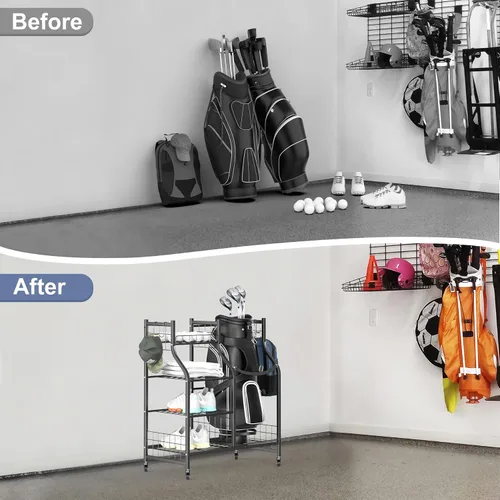 Miniatura 7 de WALMANN Soporte para bolsa de golf de garaje, almacenamiento grande para bolsas de golf con accesorios de golf, estantes de almacenamiento