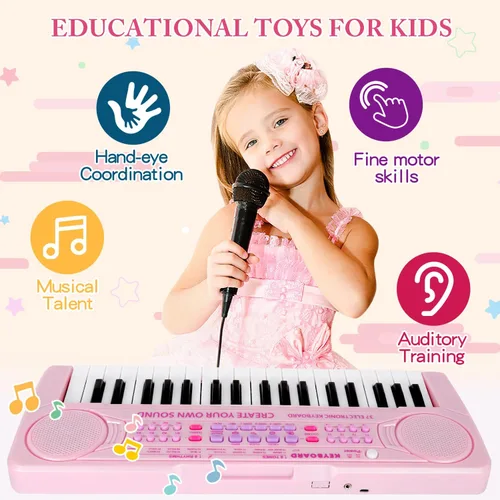 Miniatura 6 de Teclado de piano para niños, teclado de 37 teclas, juguetes musicales con micrófono, altavoz dual, juguetes de piano, regalos de cumpleaños