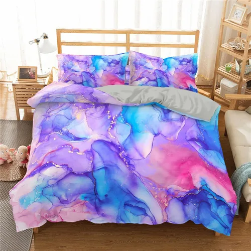 Jingzhang Juego de ropa de cama de teñido anudado colorido mármol adolescente niña ropa de cama acuarela pastel rosa azul púrpura juego de funda de