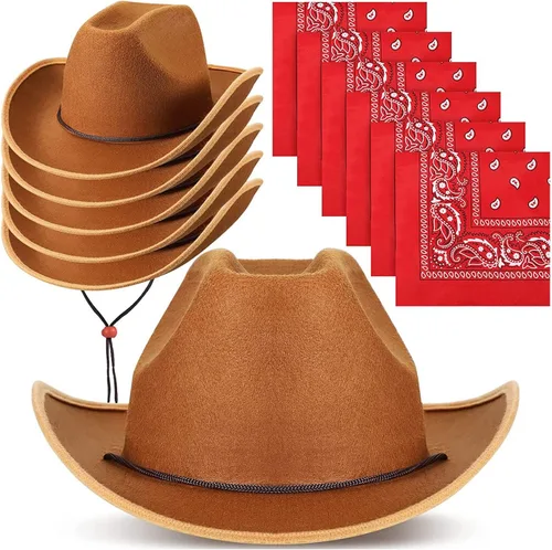 Miniatura 10 de Unittype Juego de 12 sombreros de vaquero para niños, sombrero de vaquera occidental y bandanas de poliéster para niños y niñas, disfraces