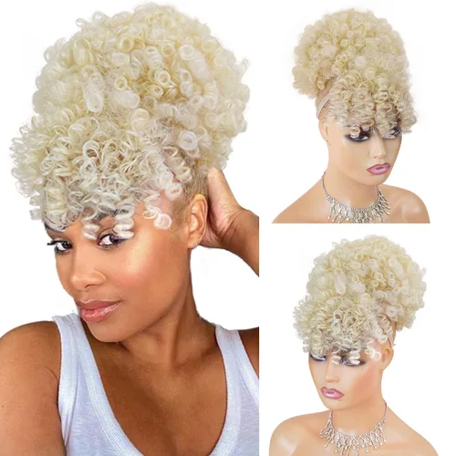 Miniatura 17 de Cola de caballo con cordón para mujeres negras Afro Puff Cola de caballo con cordón con flequillo Cola de caballo corta crespa y rizada Moño cola
