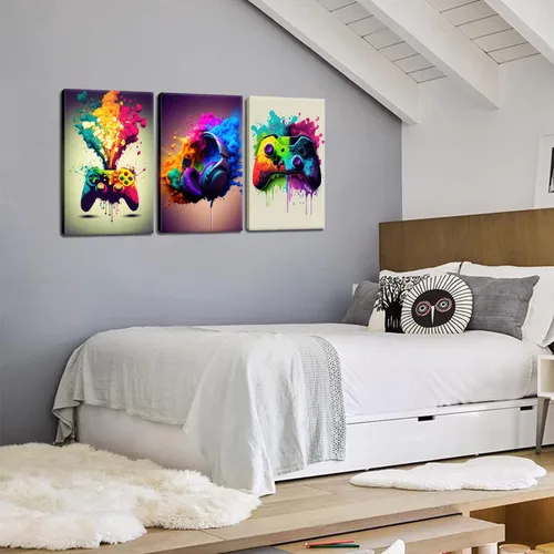 Miniatura 6 de Framed 3 Piece Game Room Decorative Wall Art Color Video Game Handle Earphone Graffiti Theme Poster Neon Light Poster Print Picture Children Youth