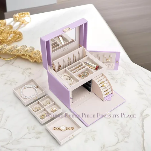 Miniatura 45 de vlando joyero organizador clásico de piel sintética con espejo y con llave