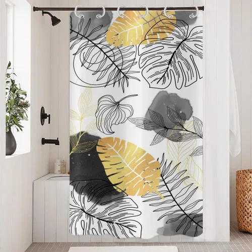 Miniatura 29 de Cortina de ducha bohemia y chic, cortina de baño moderna con hojas tropicales abstractas y ramas botánicas doradas, para decoración del hogar, tela
