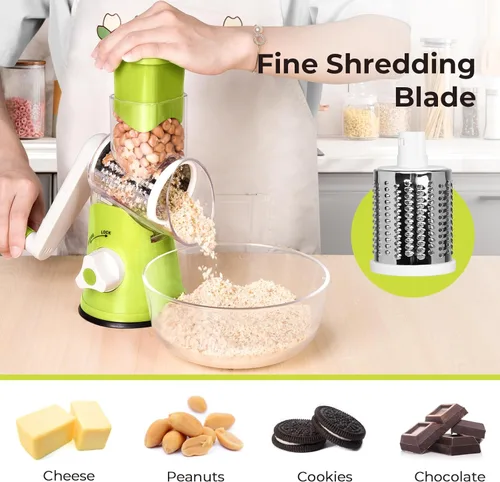 Miniatura 5 de Rallador de queso giratorio X Home para cocina, triturador con 3 cuchillas intercambiables, rallador giratorio con asa y base de succión fuerte