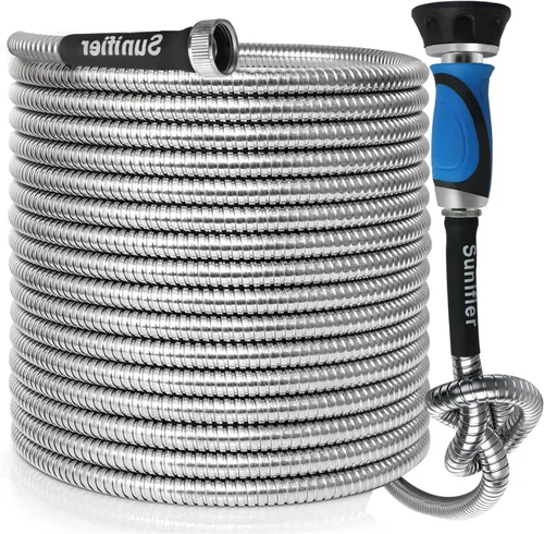 Miniatura 8 de Manguera de jardín de metal de 25 pies, manguera de jardín flexible de acero inoxidable ligera, manguera de agua resistente con boquilla de alta