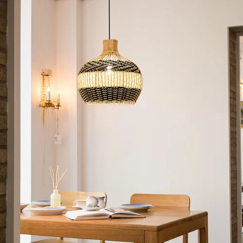 Arturesthome Lámpara colgante de ratán para isla de cocina, candelabro de mimbre de 15.7 pulgadas, pantalla de techo colgante tejida a mano para