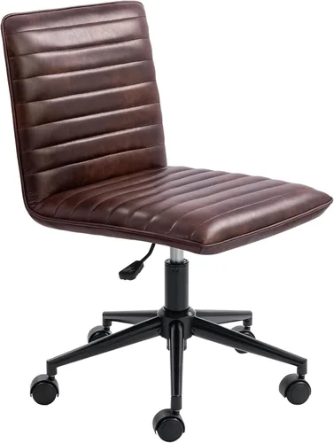 Miniatura 9 de Furniliving Silla de cuero para oficina en casa, silla de trabajo de escritorio sin brazos con ruedas, silla giratoria de 360° para computadora