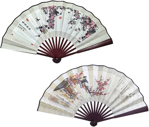 Miniatura 10 de Fox Baby 2 abanicos de mano plegables grandes, abanicos de tela de bambú de 13 pulgadas con pintura tradicional china para rendimiento, decoraciones