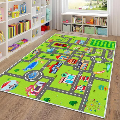 Miniatura 14 de Alfombra de coche para niños, 2 pies 7 pulgadas x 4 pies, alfombra de juego de tráfico urbano para autos de carreras y juguetes, divertida alfombra