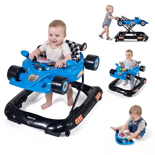 BABY JOY Andador de bebé 4 en 1, caminador de actividad plegable con altura ajustable, música y luces, no se vuelca, andador de empuje para niños y
